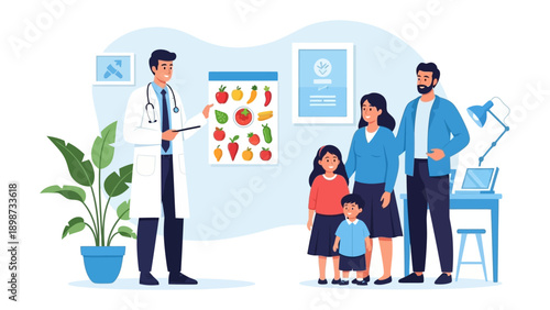 Healthy Consultation: A friendly physician advises a family on the importance of nutrition, emphasizing a balanced diet for overall wellness in a clinic environment.
