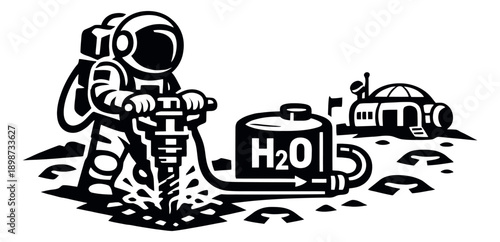 Stylized illustration of an astronaut depicting water extraction on an alien surface for space exploration