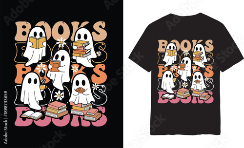 Books Ghost Halloween T-Shirt – Cute Retro Spooky Ghosts Reading, Coffee & Donut Graphic Tee for Book Lovers