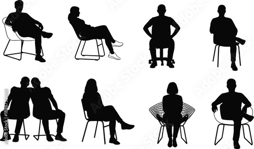 Black silhouettes of people sitting in chairs vector set, men and women in various seated poses, furniture and lifestyle elements isolated on white background