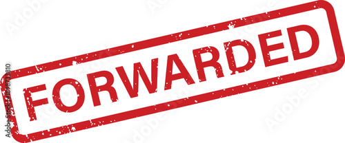 Energetic red forwarded rubber stamp with a grunge effect indicating an item sent along on a white field