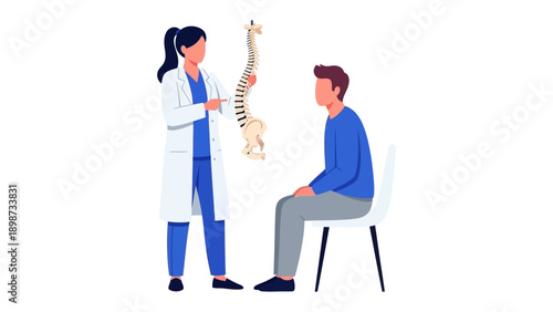 Medical Consultation: A healthcare professional points to a model of the human spine, explaining a diagnosis to a patient, fostering a sense of trust and empathy. 