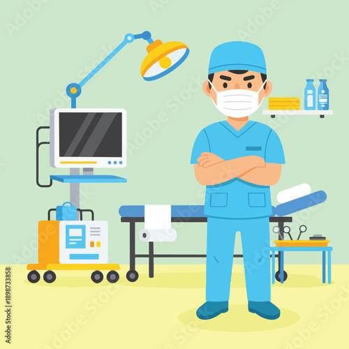 Flat design front view surgeon with crossed arms wearing blue scrubs standing next to surgical equipment in modern hospital room