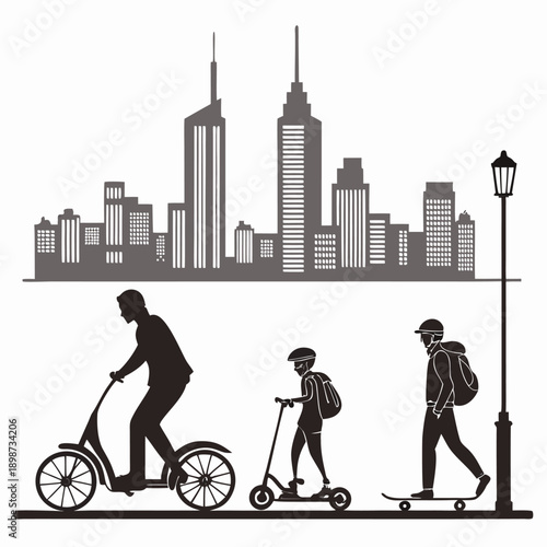 A vector graphic illustration of people commuting in the city with various transportation methods