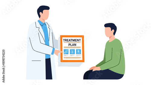 Healthcare Collaboration: A doctor points to the treatment plan, guiding a patient through the steps towards recovery, emphasizing trust, expertise, and personalized care.