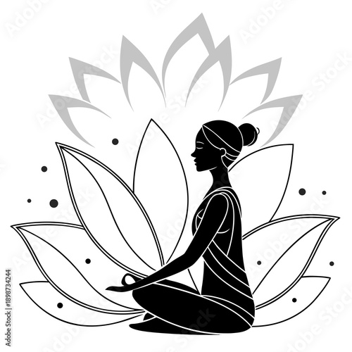 A serene woman meditating in a lotus flower pose in a minimalist vector graphic
