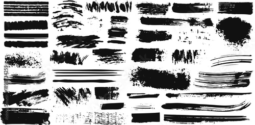 Black Ink and Paint Brush Stroke Collection with Grungy Freehand Lines, Rough Boxes, Frames and Dirty Artistic Vector Elements on White Background.