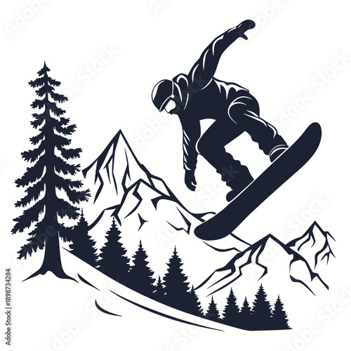 A vector graphic illustration of a snowboarder in mid-air with mountains and trees