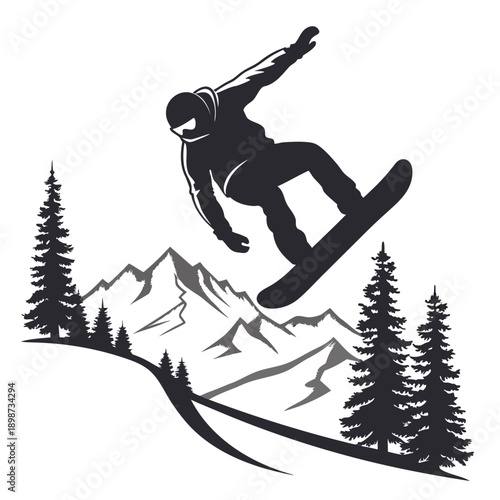 A black silhouette of a snowboarder jumping over a mountain landscape with trees