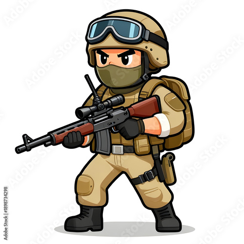 Wallpaper Mural A sturdy special forces soldier with a combat weapon, fully equipped in special combat gear. Cartoon mascot, illustration, clean lines, flat design, modern, high quality Torontodigital.ca