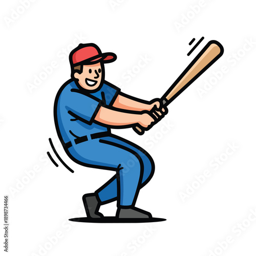 Colorful cartoon close up of smiling baseball player swinging wooden bat in blue uniform and red cap with motion lines