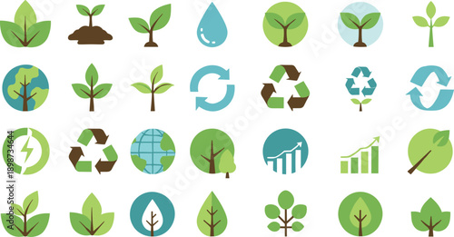 Sustainability and Green Growth Flat Icon Set Featuring Leaves Recycling Symbols Eco Energy Water Earth and Environmental Protection Concepts