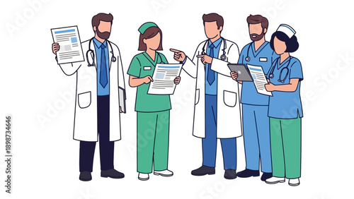 Medical Collaboration: A group of dedicated medical professionals collaborating over important documents, demonstrating a strong commitment to patient care and teamwork.