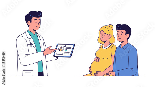 Health Consultation: A doctor explains ultrasound results to an expecting couple, conveying information related to prenatal care.