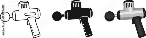 Collection of massage gun icons representing different styles for muscle recovery and physical therapy isolated on white background