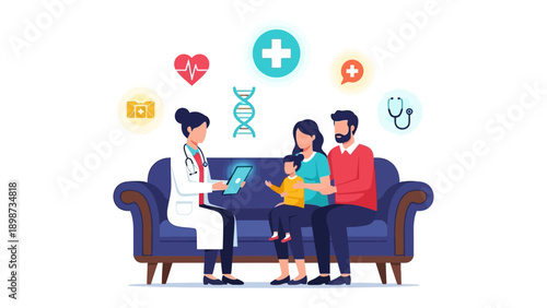Health Consultation: A medical professional consults with a family, symbols of health and well-being hovering above them. Focused on health.