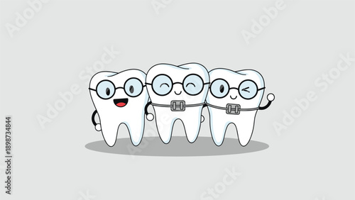 Group of three happy cartoon teeth characters wearing glasses and orthodontic braces representing dental care and pediatric dentistry.