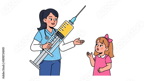 Healthcare Vaccination: A healthcare provider offers assurance, showcasing a syringe to a young patient in a setting dedicated to wellness and medical attention. 