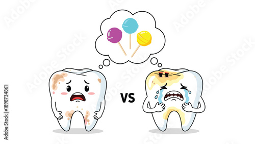 Comparison of two cartoon teeth with one having cavities and stains thinking about lollipops versus another crying in pain from decay.