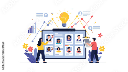 Human resources team analyzing candidate profiles on digital board with charts and lightbulb icon representing creative talent acquisition.