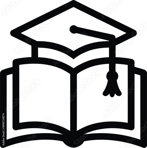 A Minimalist Black And White Icon Representing Education, Graduation, And Knowledge Through An Open Book And A Graduation Cap