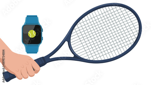 Hand holding tennis racket handle next to smartwatch displaying tennis ball icon for sports tracking and performance monitoring.