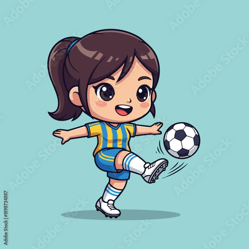 Cute girl with ponytail kicking black and white soccer ball wearing blue and yellow striped uniform playing sport in cartoon style