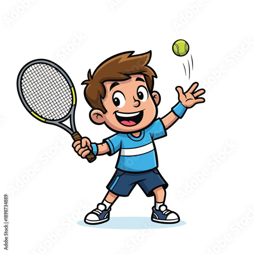 Cartoon boy smiling and tossing tennis ball preparing to serve with racket in blue sportswear and sneakers illustration