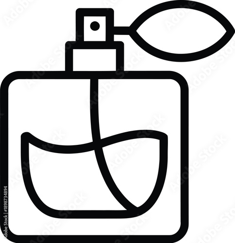 A minimalist black and white line art icon of a perfume bottle with a spray nozzle and leaf accent