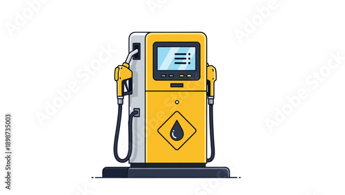 Detailed illustration of a modern yellow gas station pump with two nozzles and digital display used for refueling vehicles with petroleum or diesel.