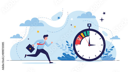 Business professional in a suit running quickly next to a large stopwatch representing time pressure and meeting important project deadlines.