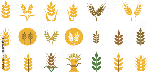 Wheat and Grain Agriculture Icon Set Featuring Golden Cereal Ears Sheaves and Harvest Symbols for Farming Food Production and Organic Branding Designs