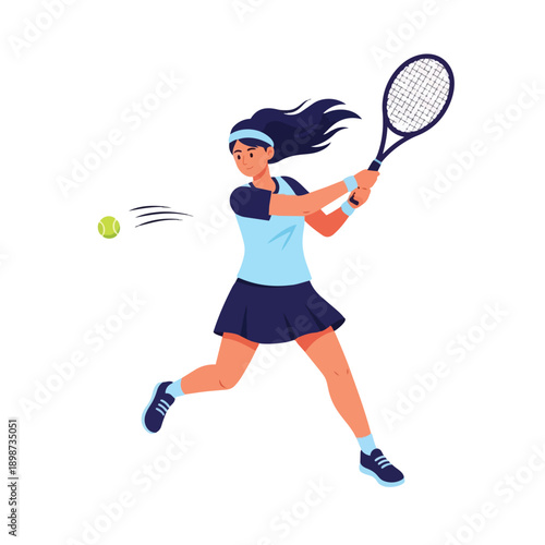 Flat design female tennis player hitting ball with racket from side view in sporty outfit vigorous action