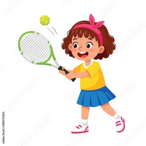 Colorful vector art of smiling girl with brown hair playing tennis holding green racket hitting ball with pink headband and sporty outfit