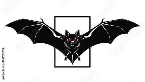 Stylized graphic of a black bat with glowing red eyes flying forward out of a white rectangular frame on a plain background.