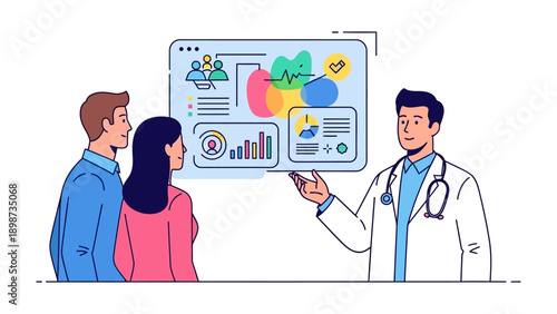 Medical Consultation: A healthcare professional points to a digital interface, explaining data and insights to a couple. It embodies trust and collaboration.
