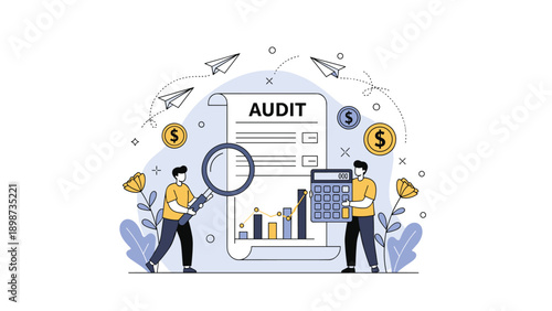 Professional auditors using a magnifying glass and a calculator to inspect a large financial document and ensure compliance and accuracy.