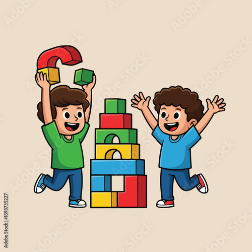 Colorful cartoon boys playing with building blocks stacking tower in joyful indoor playroom scene with smiling faces