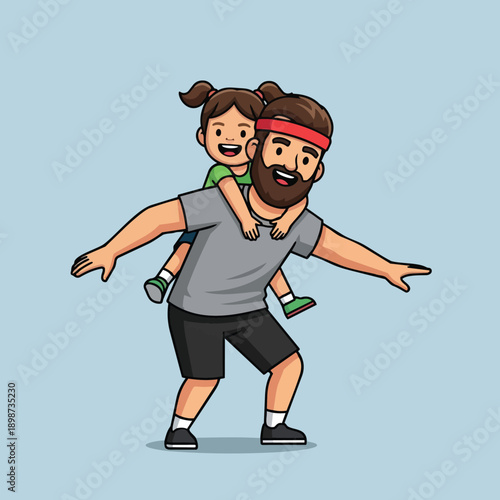 Playful cartoon vector showing bearded father wearing red headband giving piggyback ride to smiling daughter with ponytails in green shirt