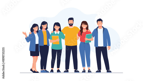 Group of six smiling diverse friends standing close together with their arms around each other representing unity, friendship, and community.