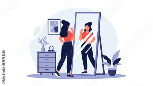 Woman standing in her bedroom and looking at her reflection in a large full-length mirror while admiring her outfit and appearance.