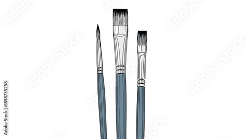 Trio of professional artists paintbrushes with various bristle shapes and sizes for creating detailed artwork and diverse painting techniques.