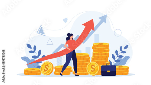 Motivated businesswoman pushing a large red rising arrow over stacks of gold coins representing rapid financial growth and success.