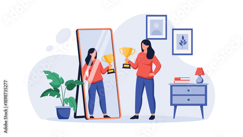 Woman looking at her reflection in a mirror and seeing herself holding a golden trophy as a symbol of her dreams and future success.