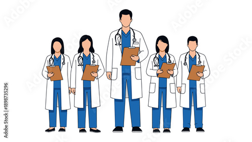 Medical Professionals: A team of dedicated medical professionals, poised and ready, embodying trust and expertise. Holding clipboards, they stand united, representing care and healthcare.