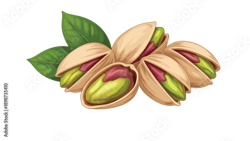 Group of roasted pistachio nuts in their shells with green leaves on white background for health food packaging.