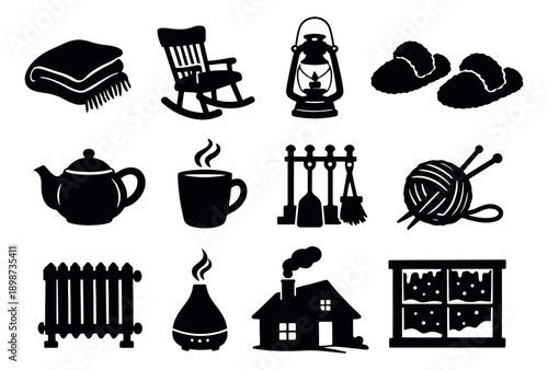 Silhouette comfort icons set featuring a rocking chair, steaming mug, and warm blanket for winter hygge