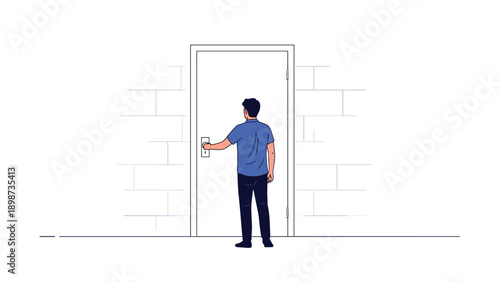 Man in blue shirt standing in front of a closed white door reaching for the handle in a white walled room interior.