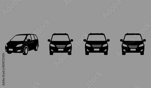 A row of four cars in different models and styles facing forward on a gray background.