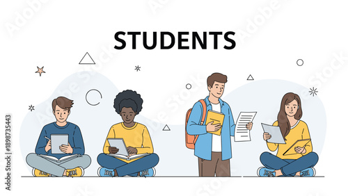 Group of diverse students sitting and standing while studying with books, tablets, and notes for education success.